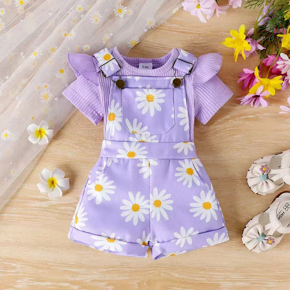 Amazon spring new girls' baby outfit set: solid color short-sleeve top with printed overalls two-piece set
