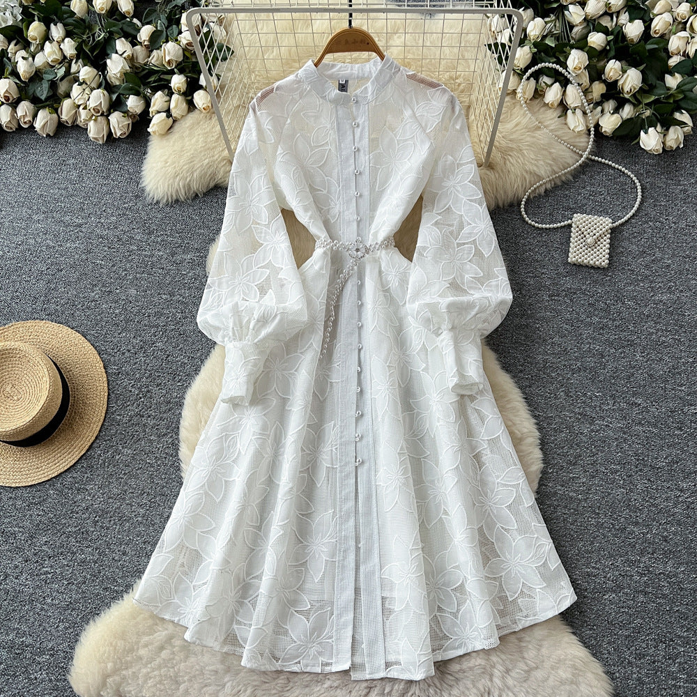 French retro court style heavy embroidered hollow-out round neck single-breasted lantern sleeve tie-waist elegant dress