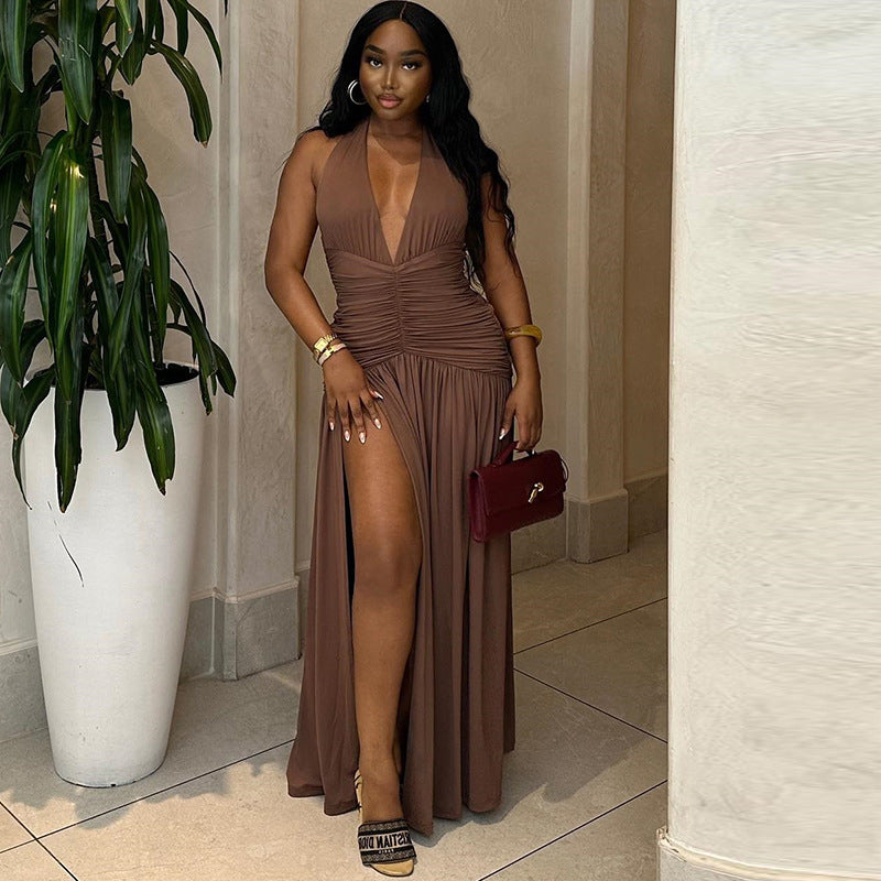 Fashioninsexport women's solid color dress sexy sleeveless deep v neck slit elegantcasual waist dress dropshipping