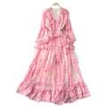 Romantic v-neck lantern sleeve printed dress - women's summer slimming mesh ruffle maxi dress