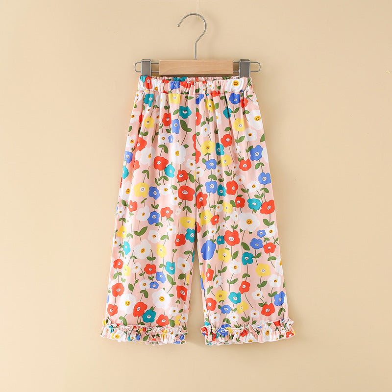 Girls' rayon summer lightweight pajama pants - cartoon print, loose fit, breathable, can be worn outdoors, cropped length