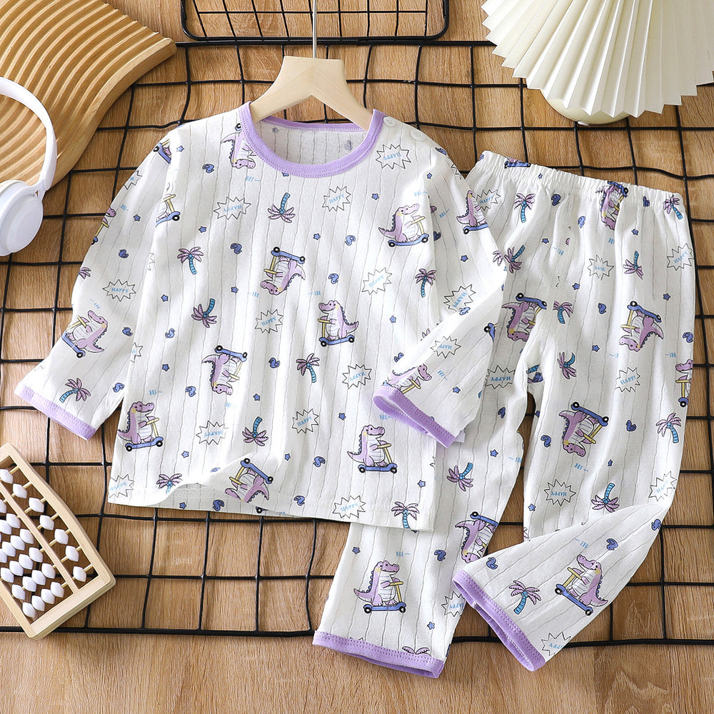 new children's pure cotton pajama set - summer long sleeve sleepwear, lightweight air conditioning suit for boys and girls