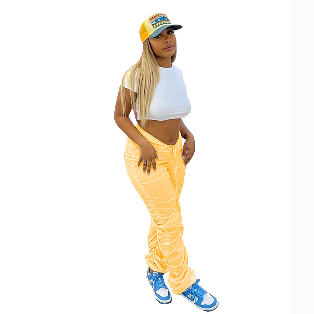 Fashion cross-border   new arrivalpure color elastic fabric pleated drawstring micro-flared sports casual pants