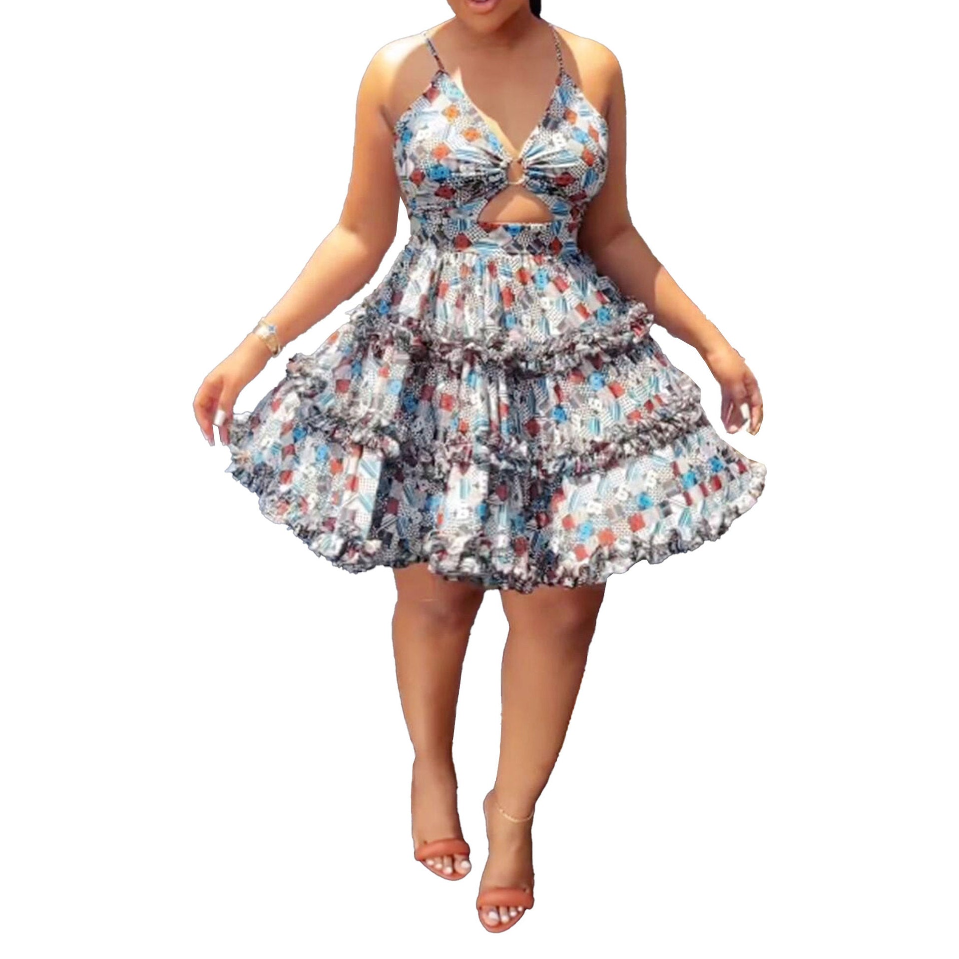 S10538 European and American, sexy, slim fit, printed fungus edge elastic cross suspender hollow cake dress dress