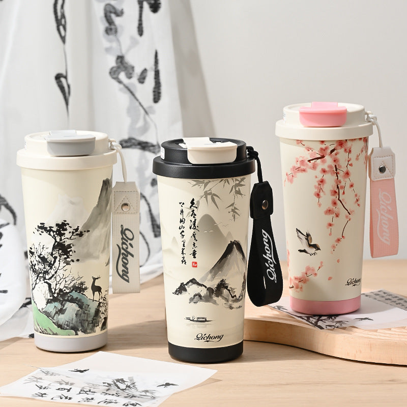 Ink style national trend portable thermos cup chinese style double drinking lid coffee cup 316 stainless steel ceramic liner water cup