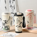 Ink style national trend portable thermos cup chinese style double drinking lid coffee cup 316 stainless steel ceramic liner water cup