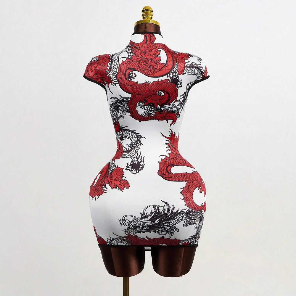 Chinese style summer women's dragon print short sleeve slim-fit mandarin collar dress - elegant & chic - ozon export