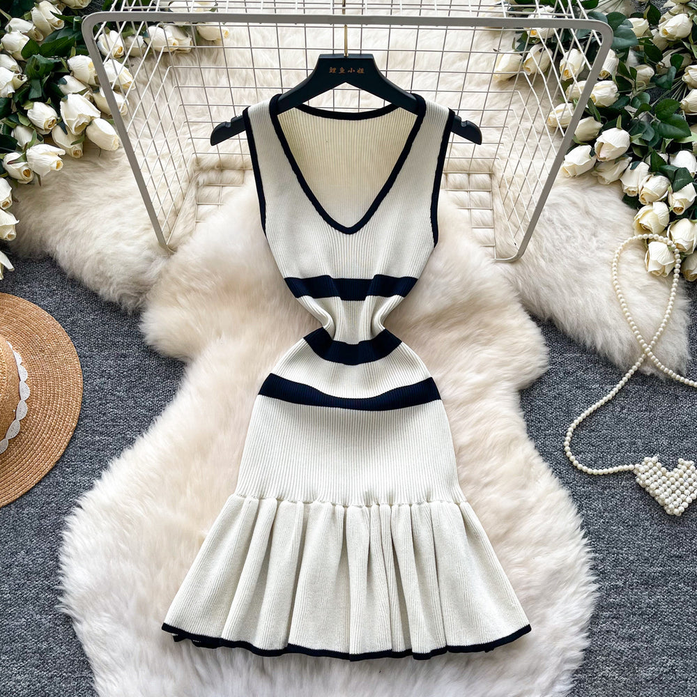 K-style v neckknittingstripes unique dress female salt style wear sleeveless waist elegant a-line skirt work clothing short skirt