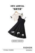 Exportsummergirlsuit black and white mesh blouse slanted shoulder suspender skirt bows sweet cool style kidsdress