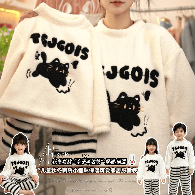 Girls' autumn/winter kitten print half-fleece pajamas -  new kids' style, wearable outdoors, fleece-lined loungewear set, warm