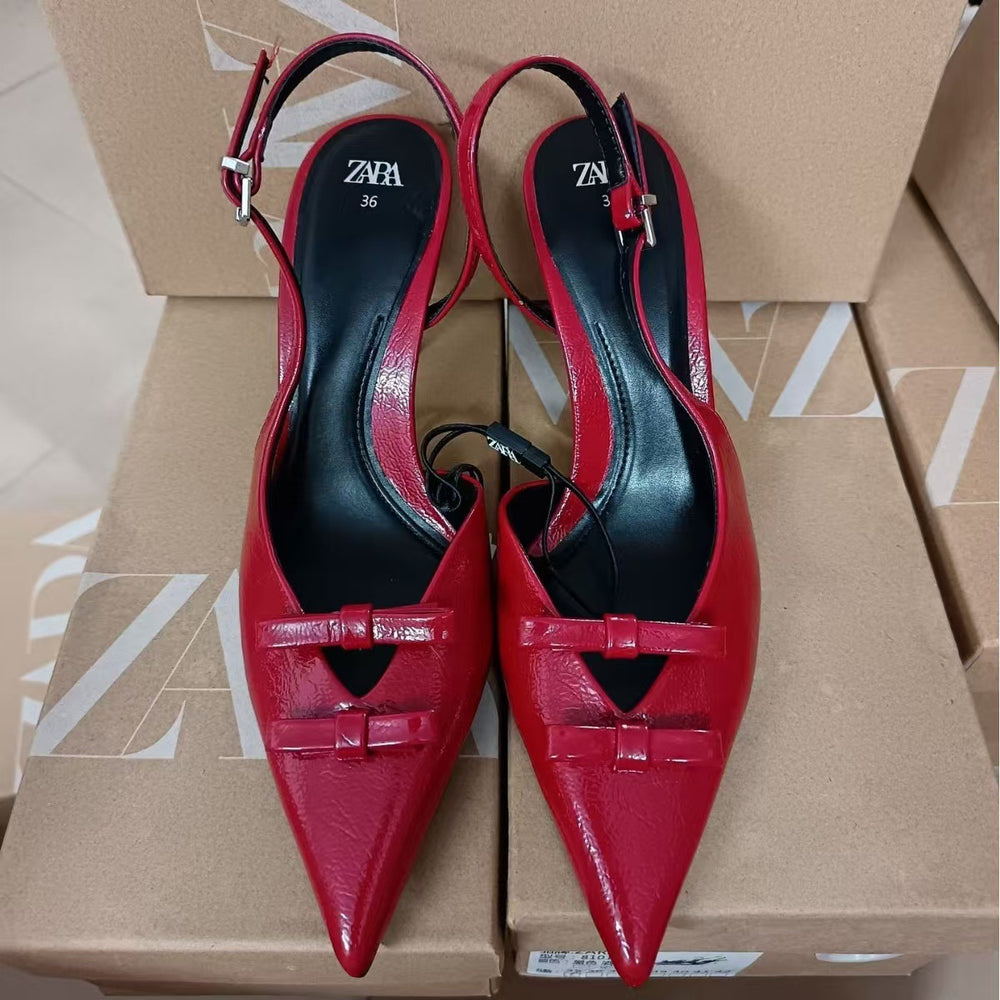 Za2024 early autumn new french style red pointed-toe bow heeled sandals women's stiletto closed-toe slingbacks