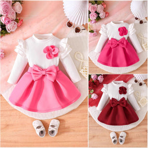 new girls' sweet princess dress set: 3d floral long-sleeve top + 3d bowknot midi skirt