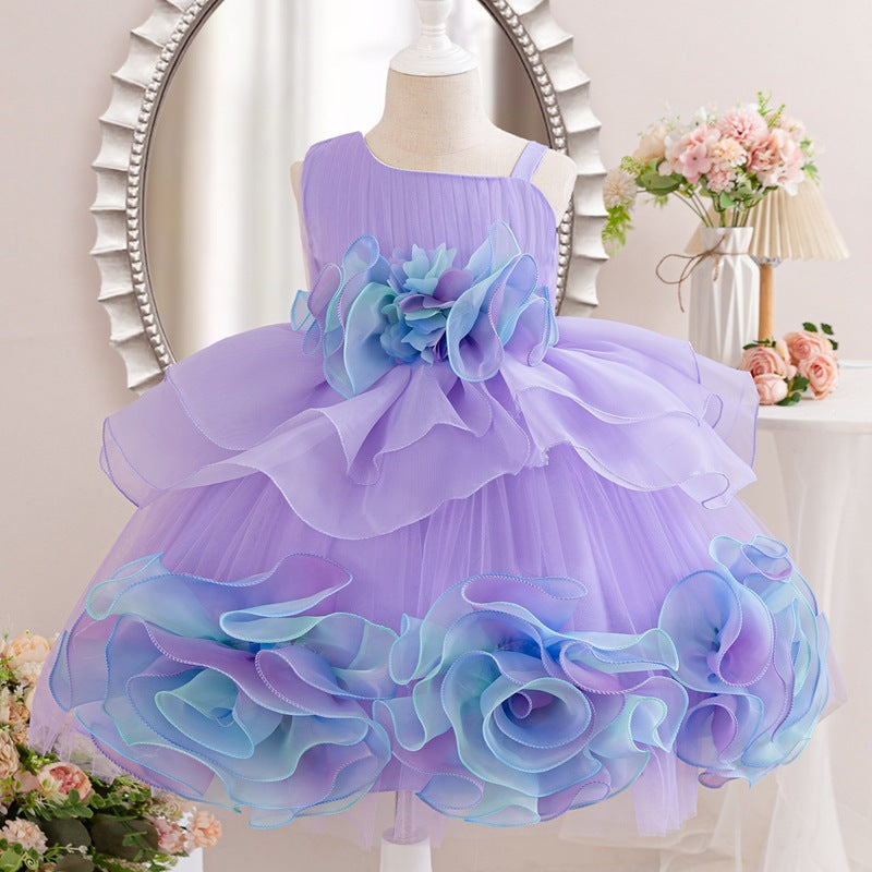 Puff skirt first birthday oblique princess dress summer flower dress birthday kids dress performance costume half sleeve girl 3d