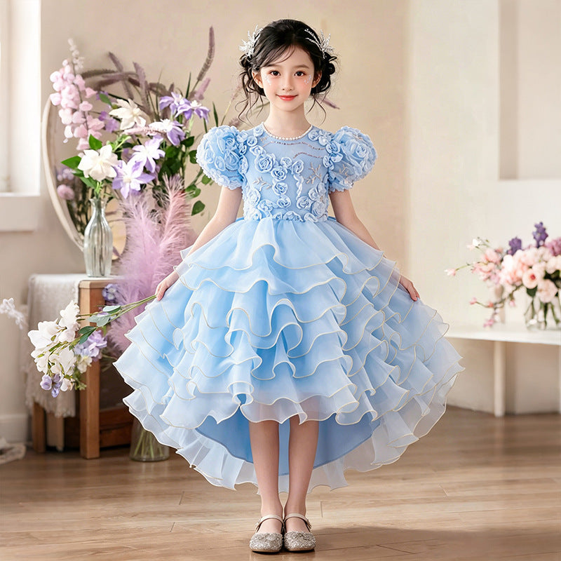 Girl dress trailing flower girl wedding dress puff sleeves new arrival cake skirt kids princess dressgirl dress