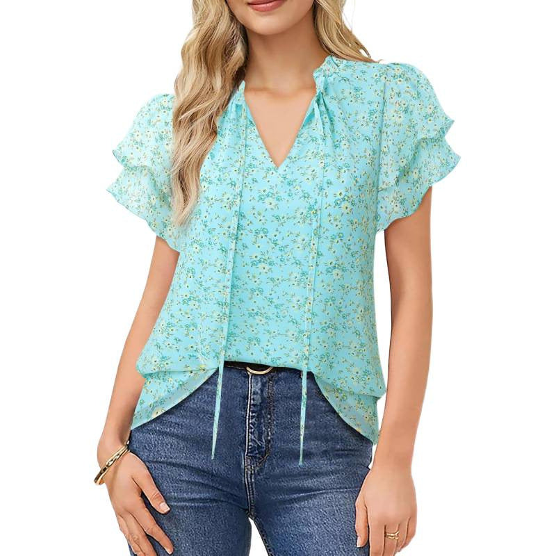 Amazon eleganceelegant short-sleeved topssummernew arrivalv neckruffle sleeve chiffon floralshirt