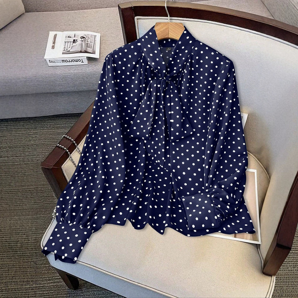 plus size retro polka dot ribbon tie blouse - bow collar, bubble sleeves, tummy control, versatile chiffon shirt