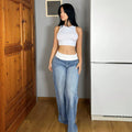 Fashionjeans women's patchwork design wide-leg jeans low-waist cuffed waist drapedslimming lookmoppants