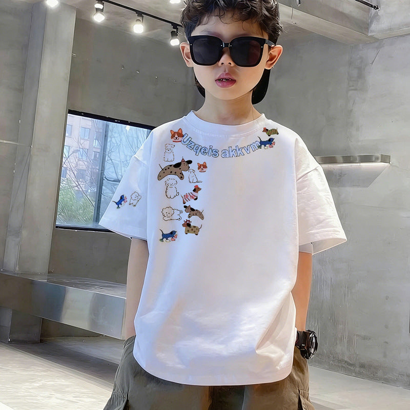 White cotton boys' short-sleeve t-shirt, summer  new arrival, loose fit, casual cartoon print, kids' half-sleeve 017
