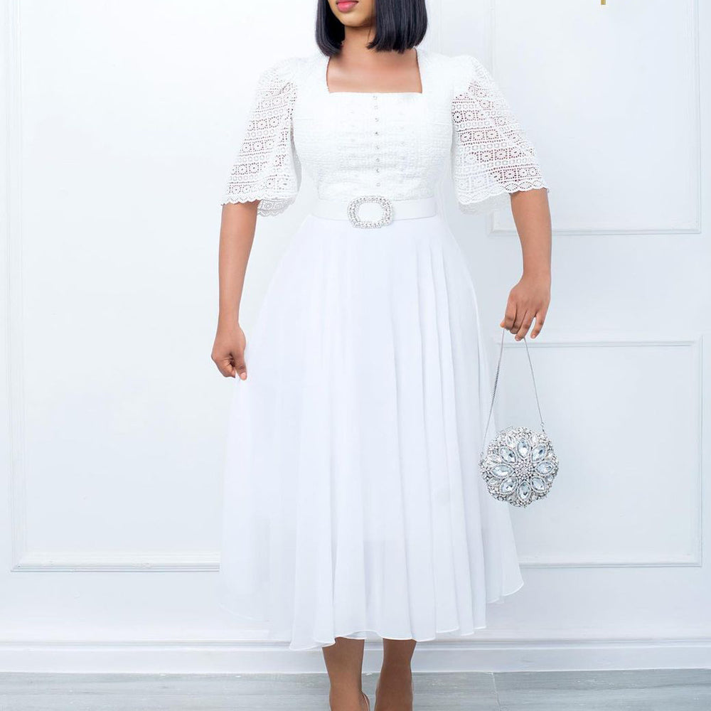 D280: belt included -  new cross-border fashion: european & american style patchwork chiffon beaded socialite african export dress