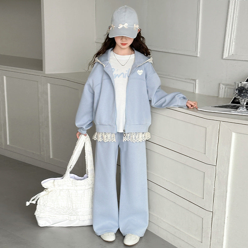 Girls' spring/autumn tracksuit set - stylish hooded wide-leg pants for older girls,  new korean style two-piece outfit