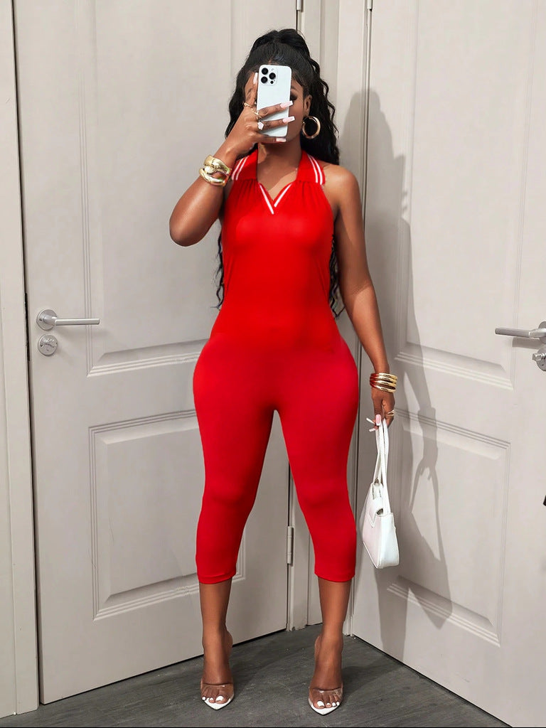 spring european and american cross-border fashion sexy hot girl sleeveless solid color backless halter bodysuit shorts