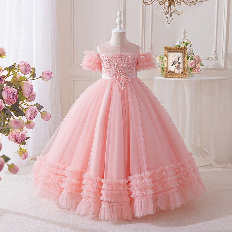 European and american style  girls' dress - mesh off-the-shoulder elegant birthday tutu dress - ready to ship