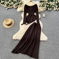 French chic autumn/winter outfit: asymmetrical tie-waist long sleeve knit top + high-waisted midi skirt