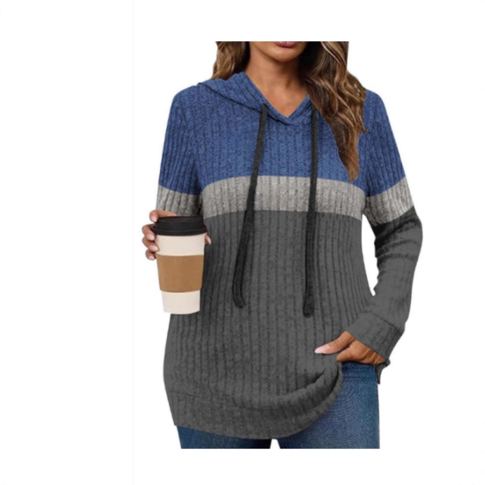 cross-border women's fashion color block warm knit pullover long sleeve hoodie top