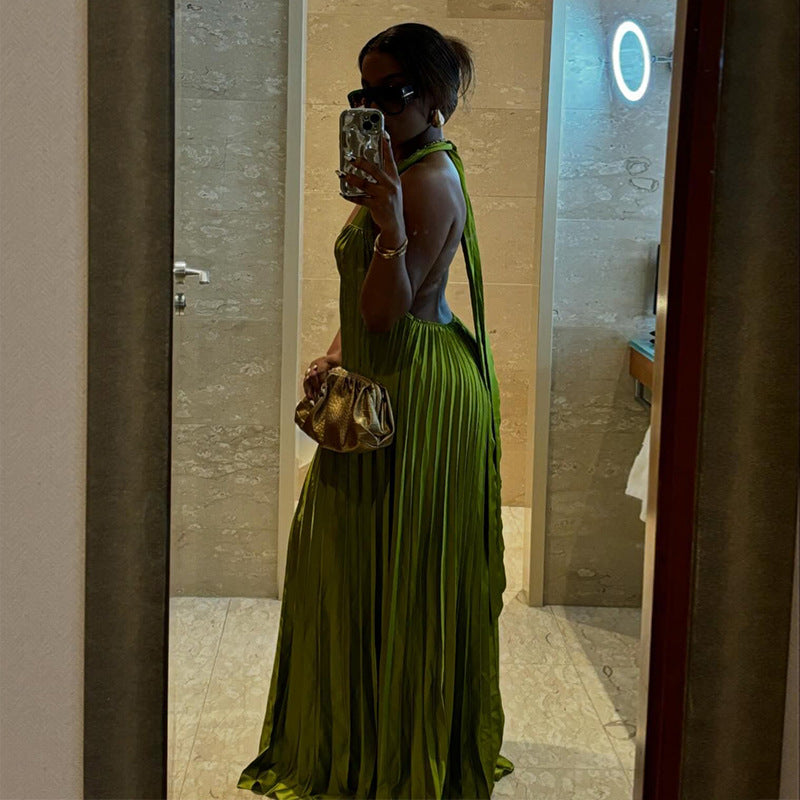 European and american women's clothing  summer new sweet and fresh halter v-neck backless pleated maxi dress