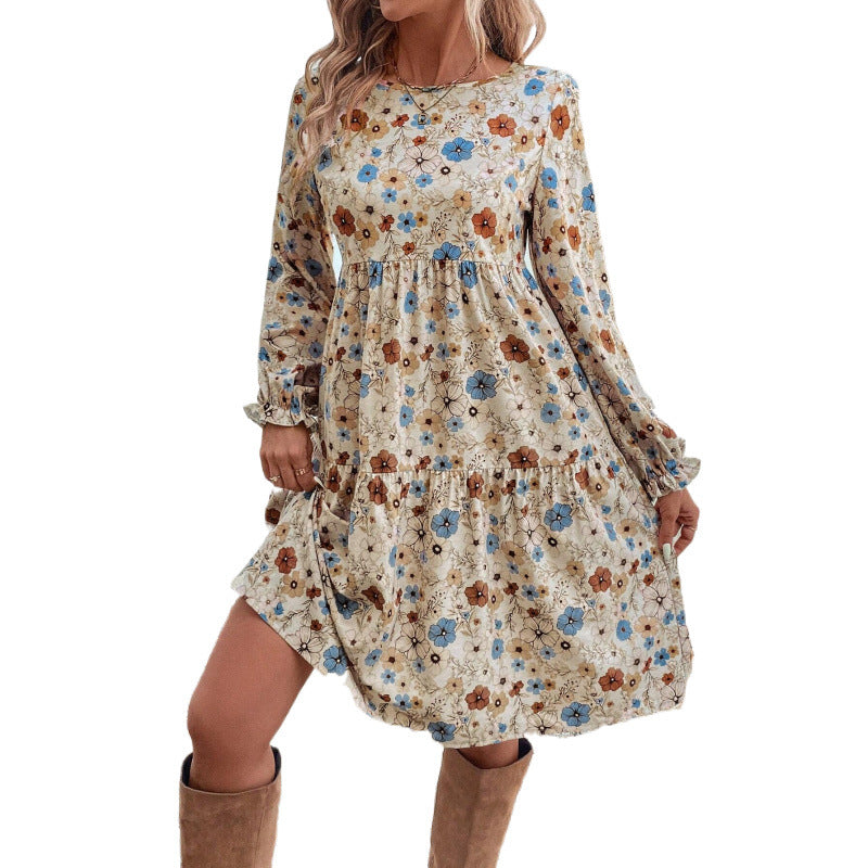 Amazon cross-border fashion:  new european and american style french elegant printed lantern sleeve dress for women