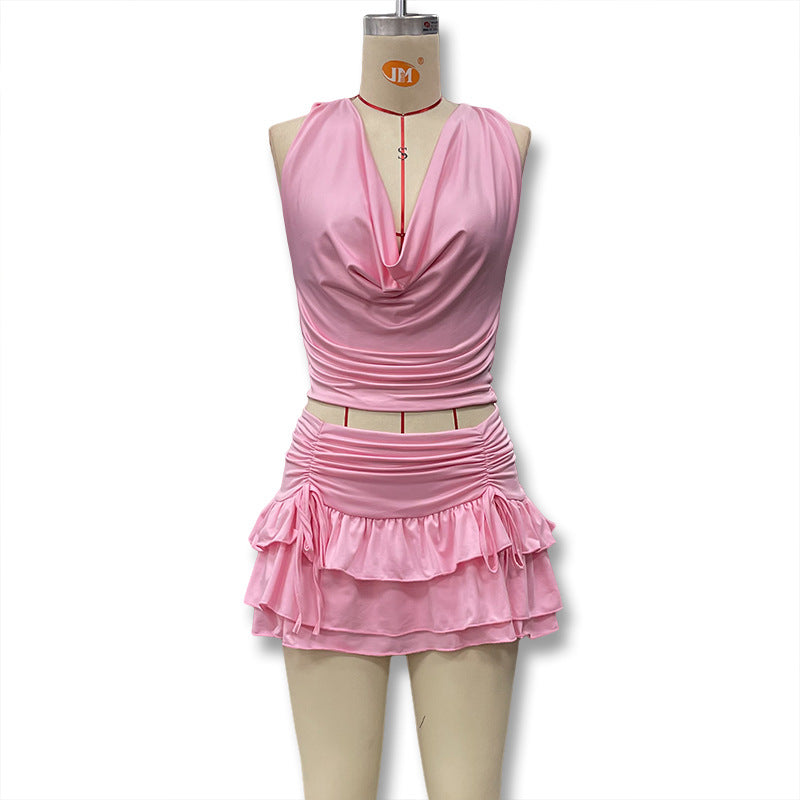 new european and american style women's hollow-out halter neck sexy backless tie-up top and tiered mini skirt two-piece set