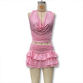 new european and american style women's hollow-out halter neck sexy backless tie-up top and tiered mini skirt two-piece set