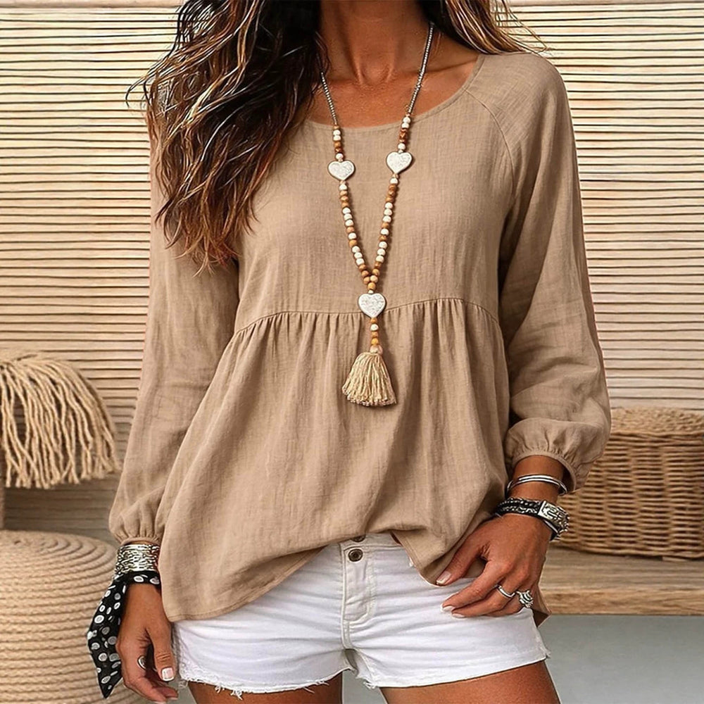Export holiday style doll textured linen round neck cuff long sleeves pleated hem loose pullover shirt