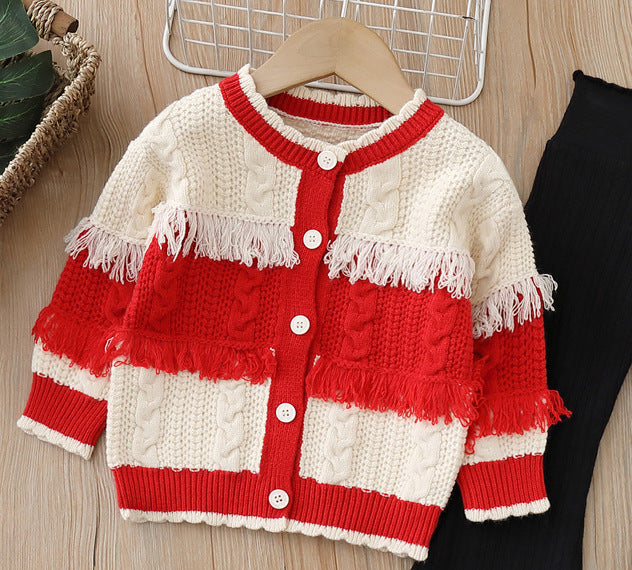 Girls' knit sweater and pants set - new autumn/winter  collection - handmade floral detail, cardigan sweater and pants outfit for little girls