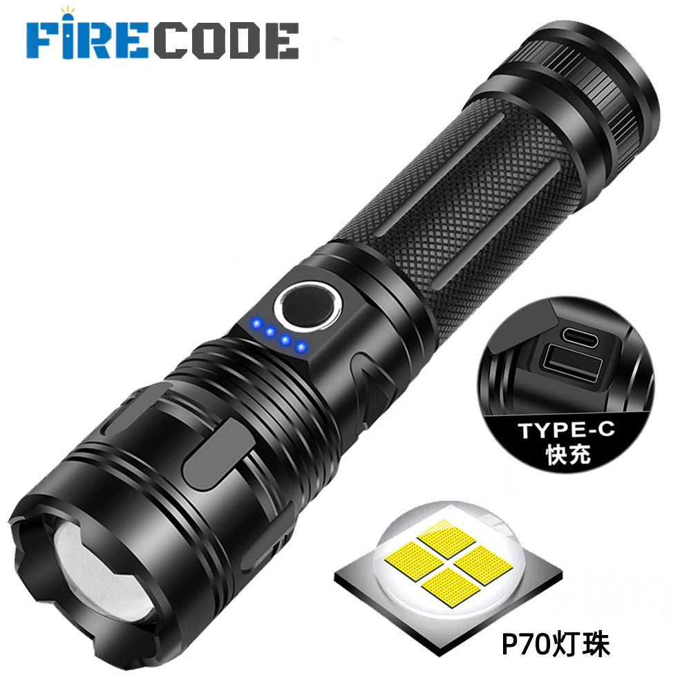 Cross-border aluminum alloy P70 telescopic strong light flashlight power display rechargeable P50 outdoor small portable flashlight