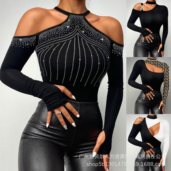 (LZS4142 series) New European and American women's clothing, fashionable off-the-shoulder hot diamond long-sleeved top
