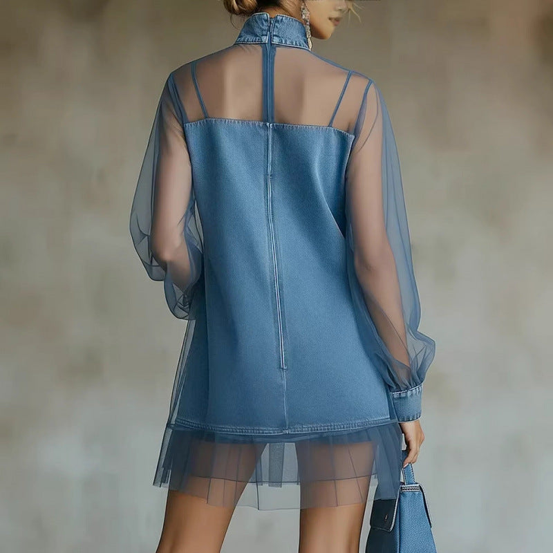 Amazon european style urban minimalist lantern sleeve patchwork faux collar denim mini dress - women's summer slimming dress