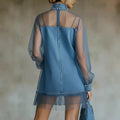 Amazon european style urban minimalist lantern sleeve patchwork faux collar denim mini dress - women's summer slimming dress