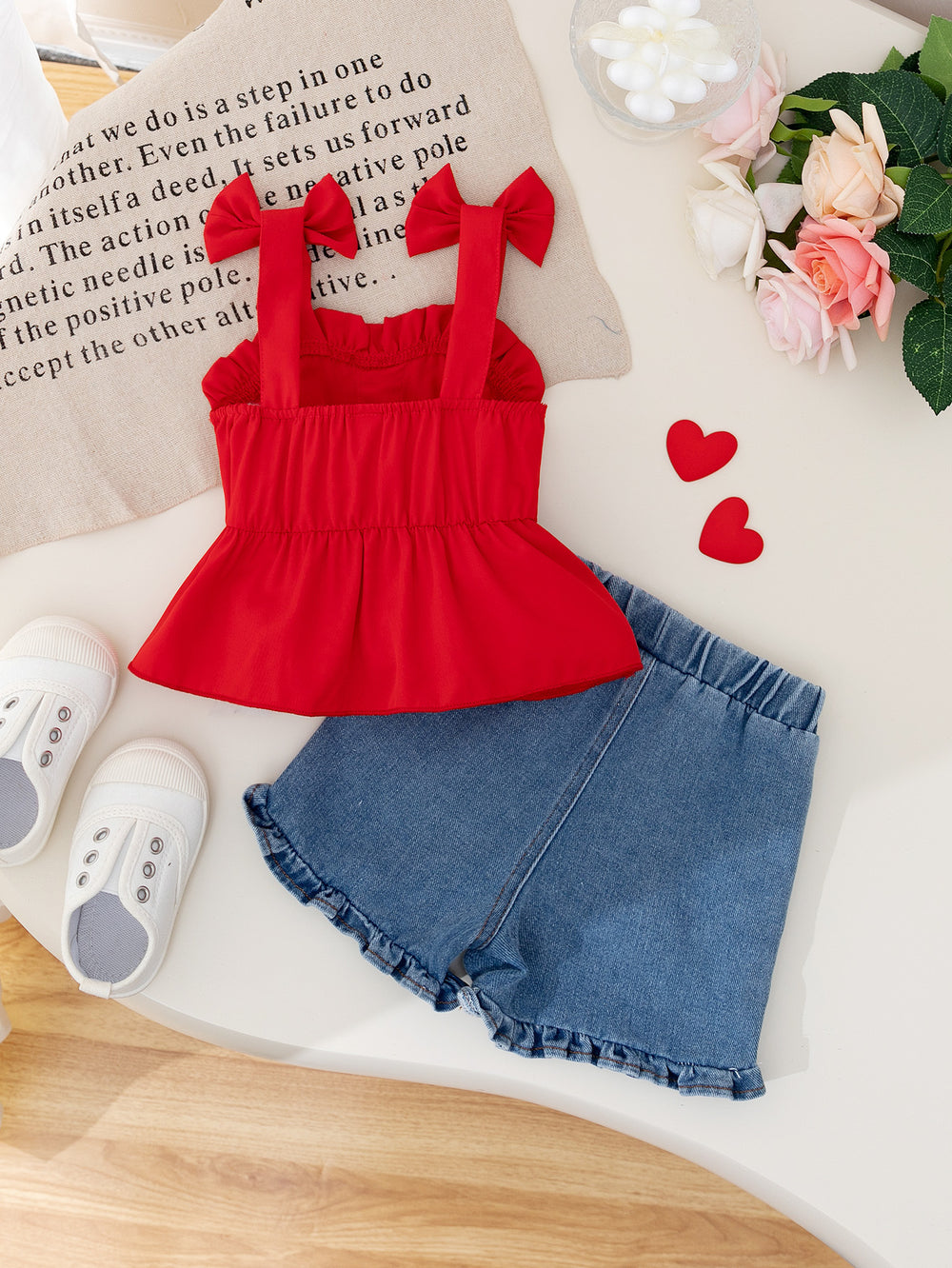 new cross-border girl's cute bow top + cow heart embroidered denim pants two-piece set