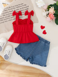 new cross-border girl's cute bow top + cow heart embroidered denim pants two-piece set
