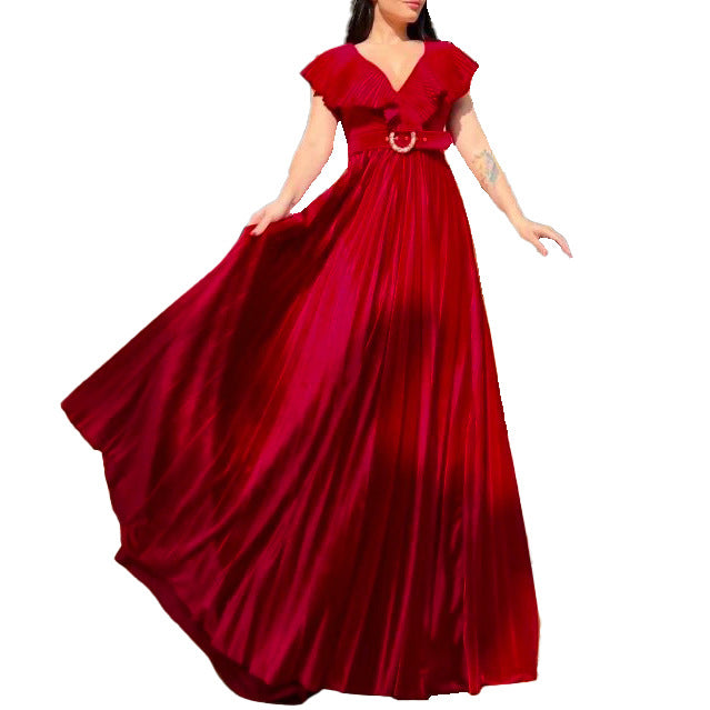 D3159p belted plus size women's v-neck solid color pleated ruffle hem maxi dress - european & american style - wholesale dress