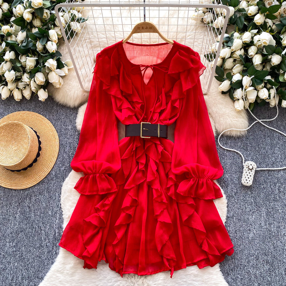 French chic ruffle chiffon dress - women's spring korean style long sleeve cinched waist belted versatile work dress