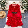 French chic ruffle chiffon dress - women's spring korean style long sleeve cinched waist belted versatile work dress