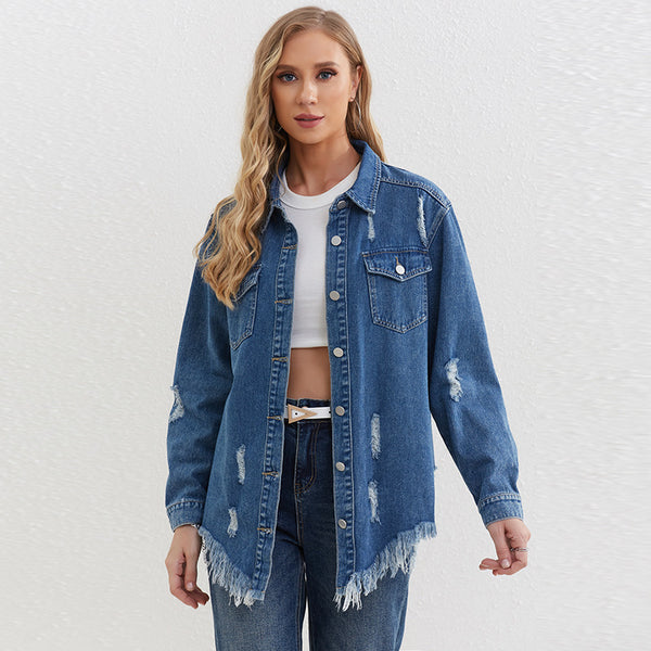 Foreign trade American early autumn European and American trend version Regular large size denim top Men's and women's same ripped denim jacket