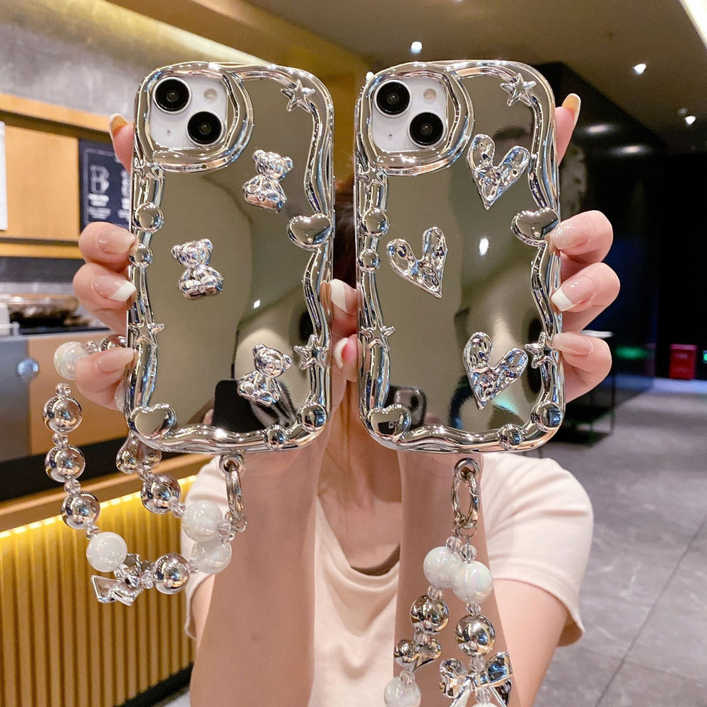 Three-dimensional wave electroplating suitable for apple 16pro bear mobile phone case iphone11 bead bracelet tpu protective cover