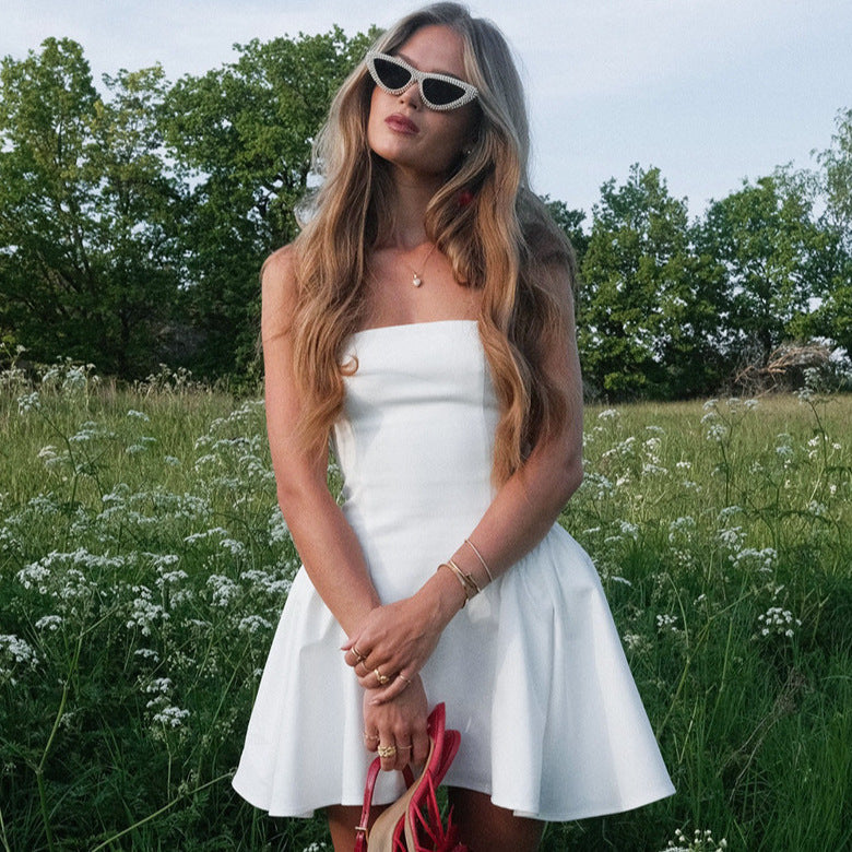 fashion wholesale elegant solid color bandeau waist-cinching short slim-fit flared dress for women (suitable for europe and the us)