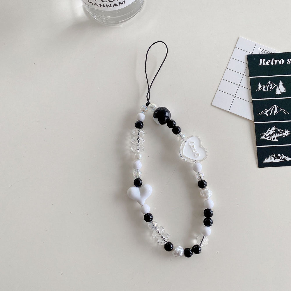 Minimalist crystal square electroplated heart bracelet with transparent star and bear charms, black and white bead phone case charm accessories