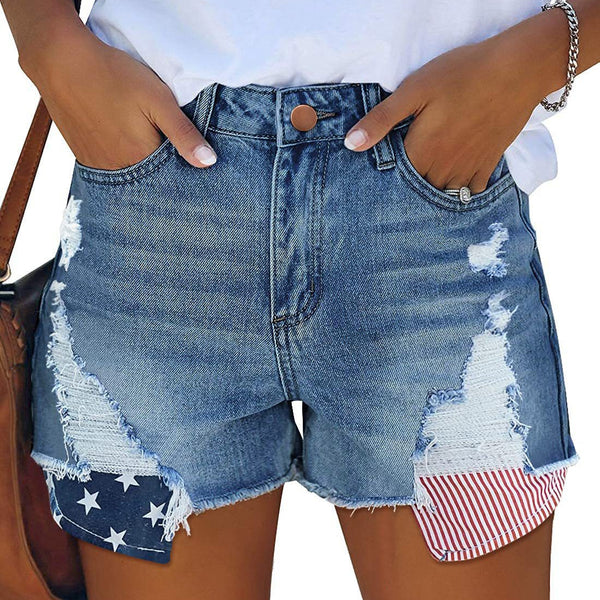 WISH Independent Station Explosive Elastic Ripped Pocket Printed Denim Shorts Women