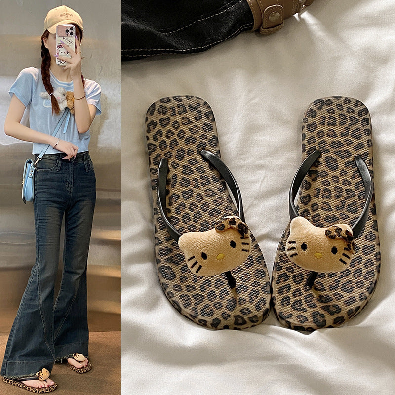 Cartoon new arrivalcute leopard print flip-flops inssummer home foreign trade flat bottom casual beach sandals women