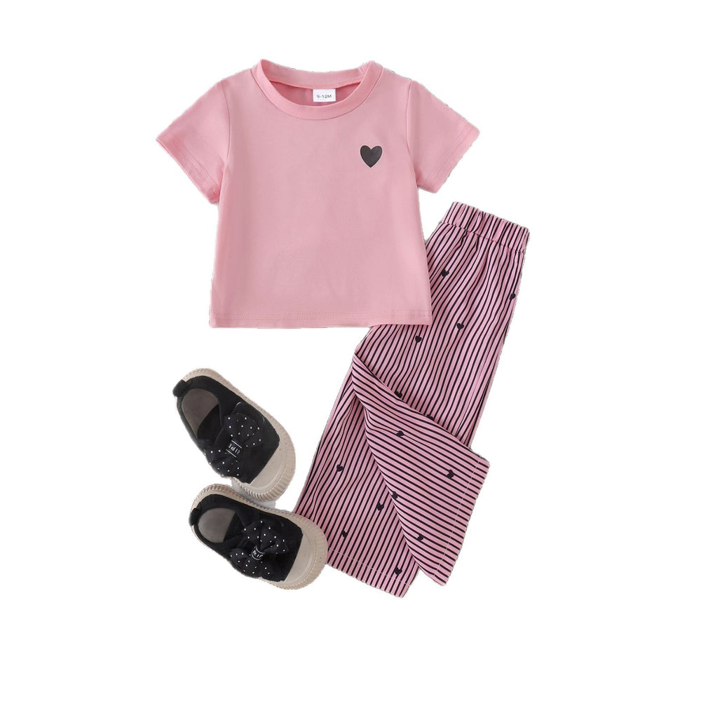 Baby girl heart print short sleeve two-piece set: solid color heart tee & vertical stripe heart wide-leg pants - casual summer outfit
